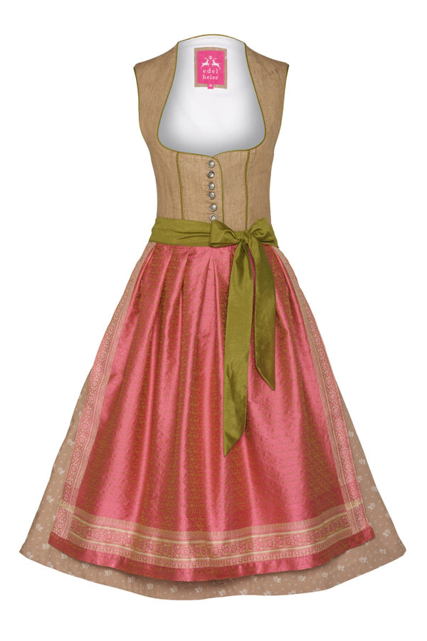 Midi Dirndl 65cm braun-beere Leinen Maira 001546 ~ 38