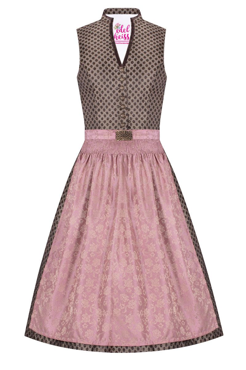 Midi Dirndl 65cm braun gemustert altrosa Nadia 005610 ~ 34