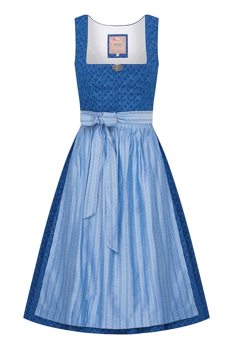 Dirndl lang 85 cm blau hellblau gemustert mit Brosche Dina 009193 ~ 42